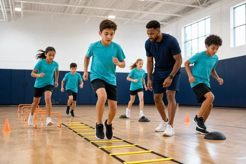 Çeviklik parkurunda atletik performans çalışan çocuklar