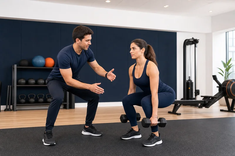 Personal trainer eşliğinde kuvvet antrenmanı yapan yetişkin