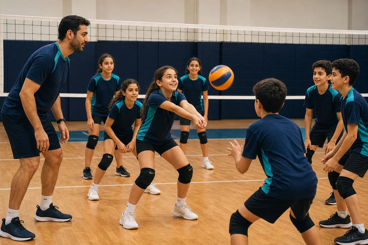 Uzman eğitmen eşliğinde voleybol çalışan çocuklar
