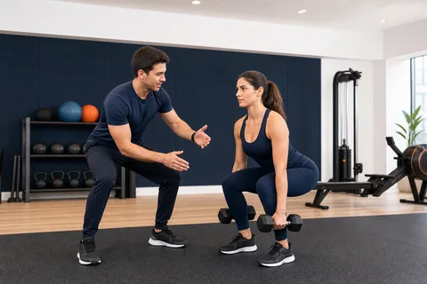 Personal trainer eşliğinde kuvvet antrenmanı yapan yetişkin