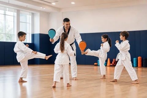 Uzman eğitmen eşliğinde taekwondo çalışan çocuklar